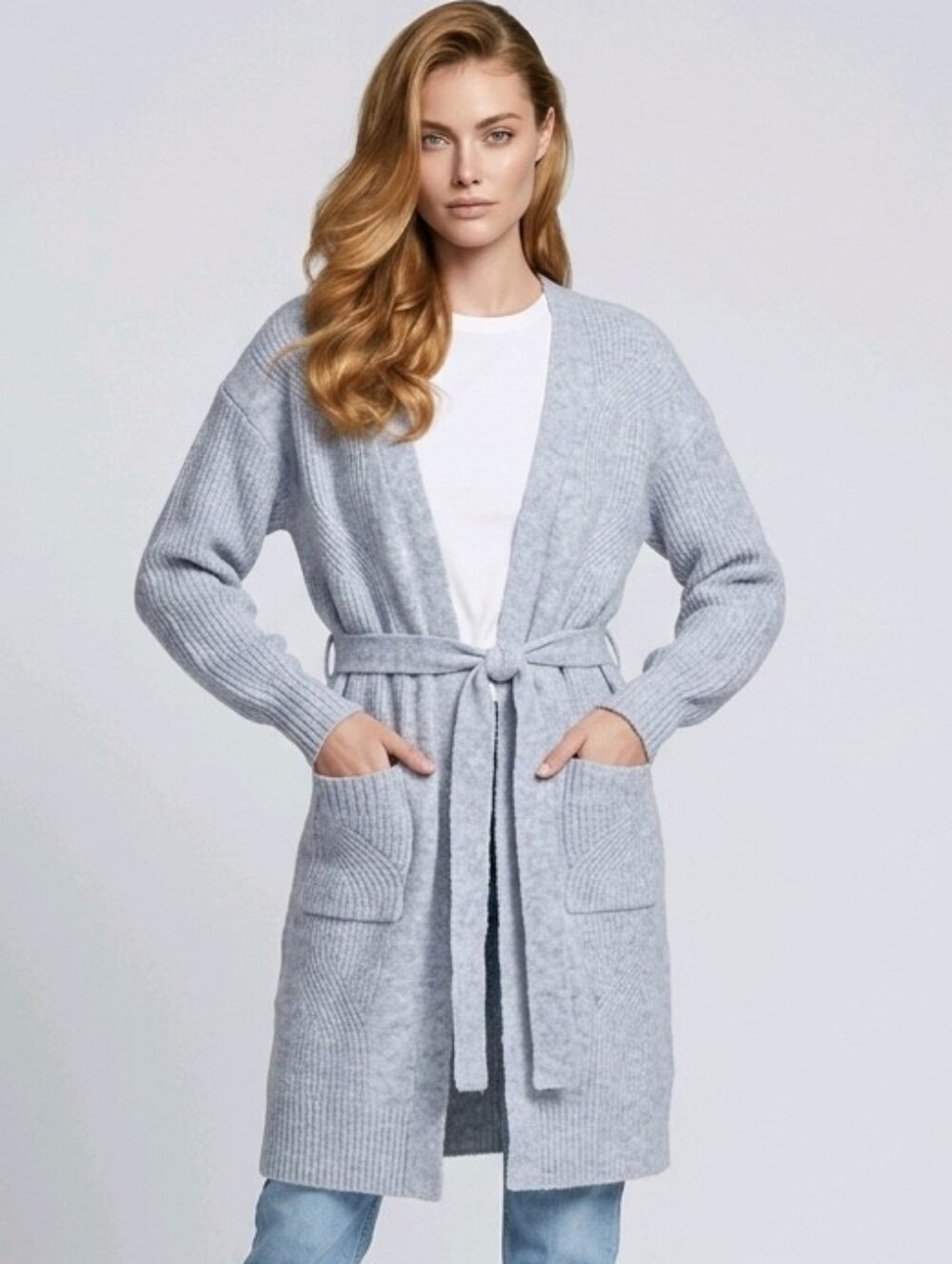 Nine West Light Gray Long Open-Front Cardigan XS Knit Belted